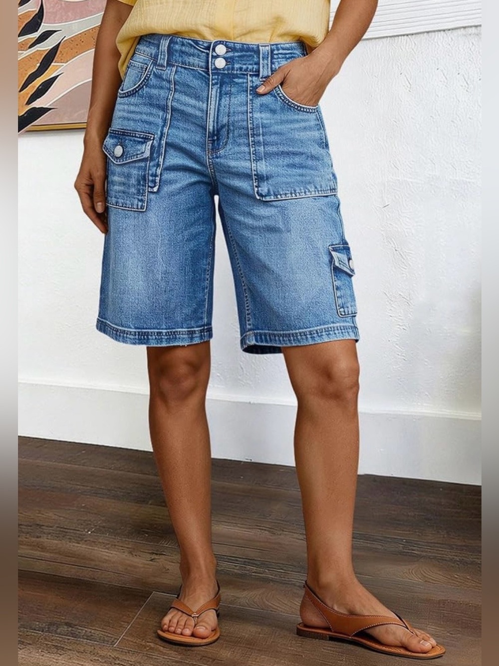 Flamingals Button Flap Pocket Bermuda Denim Shorts